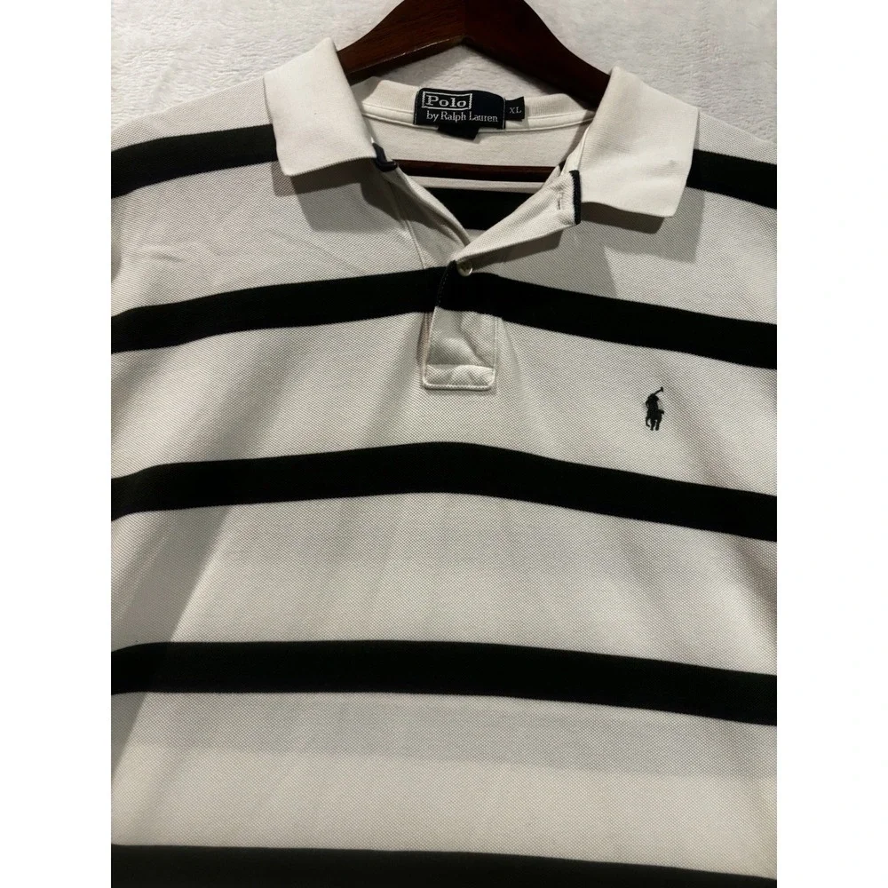 Vintage Polo Ralph Lauren Men's XL Shirt‎ Striped White Short Sleeve Preppy Logo